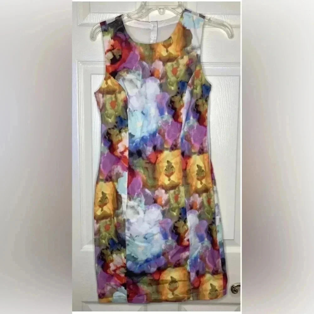 Woman WAGGON PARIS multi Color Watercolor Floral Sleeveless Dress Sz Small EUC
